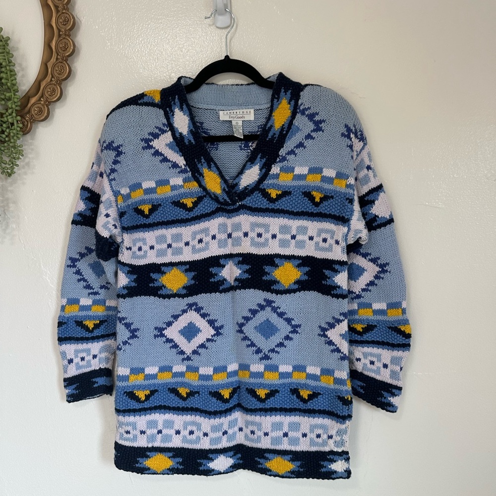 Vintage Cambridge Dry Goods Aztec Print Chunky Knit V Neck Sweater, Size Sm